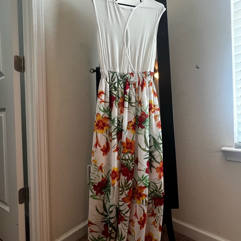Floral White and Red Maxi Dress